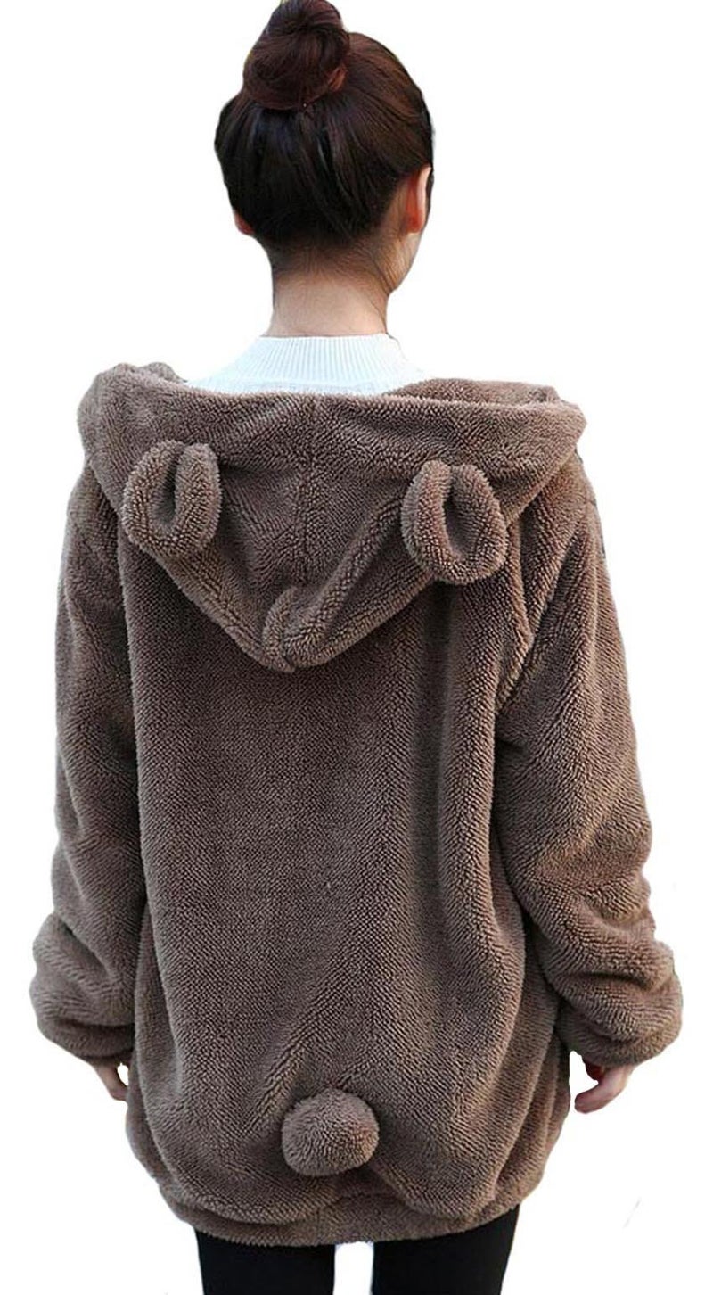 acdiac Women Fashion fluffy Tail Hoodies,Warm Fluffy Double Velvet Winter Bear or Rabbit Ear&Tail Shape Zip Hoodie (coffee bear) - Image 1